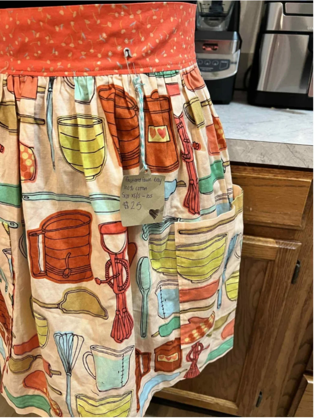 Handmade Cotton Apron Retro Kitchen Utensil Print Orange Waistband XS/S Pockets